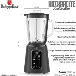 Berlinger Haus Blender Digitaal Mat Antraciet - Glazen Kan - 1.5 Liter - 1000W