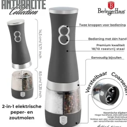Berlinger Haus Elektrische Peper- en Zoutmolen Mat Antraciet - 2-in-1 - Keramische Molen