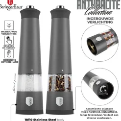 Berlinger Haus Elektrische Peper- en Zoutmolen Set Mat Antraciet - Keramische Molen - 2-Delig