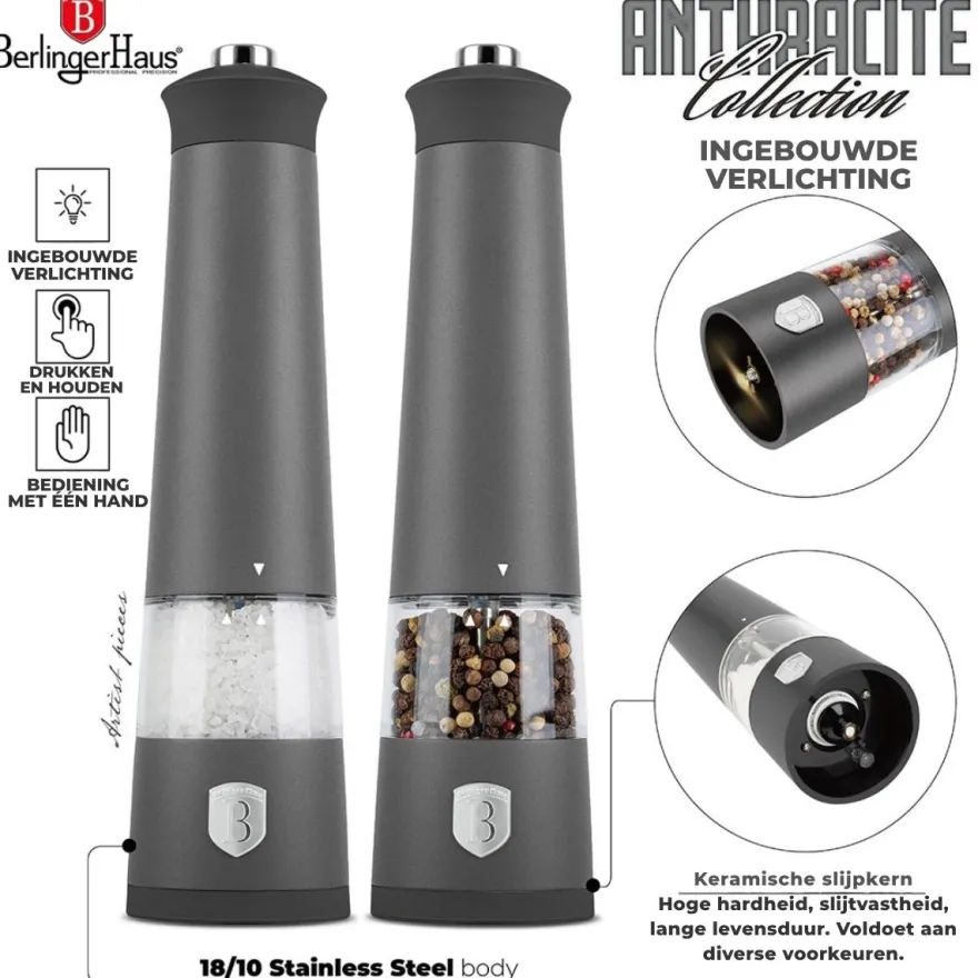 Berlinger Haus Elektrische Peper- en Zoutmolen Set Mat Antraciet - Keramische Molen - 2-Delig