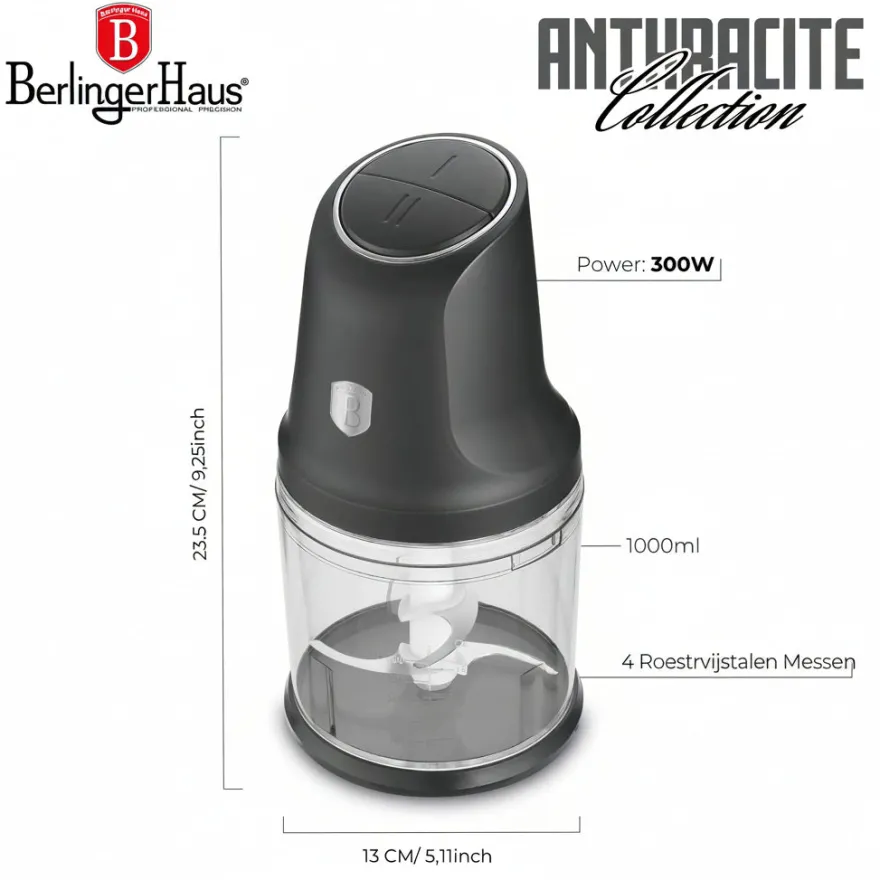 Berlinger Haus Hakmolen Antraciet - 2-in-1 - 4 Messen - 300W