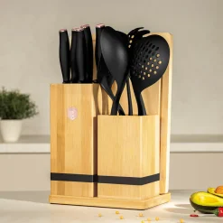 Berlinger Haus Messenblok met Keukengerei Set & Snijplank Zwart Rosègoud - 12 delig