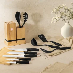 Berlinger Haus Messenblok met Keukengerei Set & Snijplank Zwart Rosègoud - 12 delig