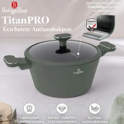 Berlinger Haus Pannenset Mat Groen 11-Delig - Kookpan ø 20, 24, 28 cm, Koekenpan ø 24, 28 cm & Steelpan ø 16 cm - Geschikt voor alle warmtebronnen