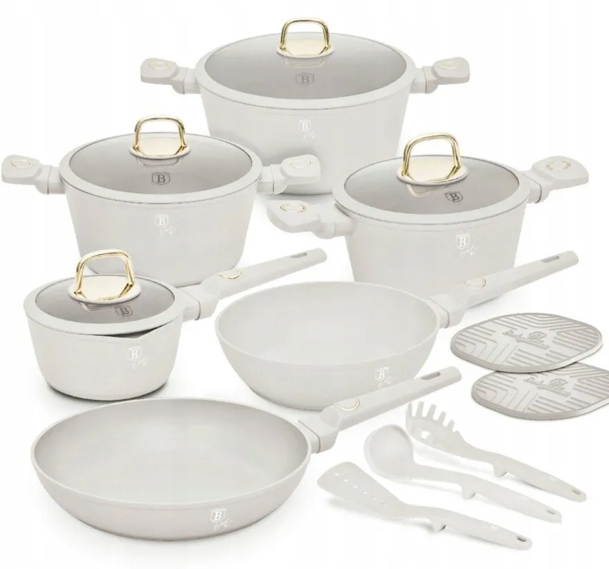 Berlinger Haus Pannenset Mat Crème 11-Delig - Kookpan ø 20, 24, 28 cm, Koekenpan ø 24, 28 cm & Steelpan ø 16 cm - Geschikt voor alle warmtebronnen