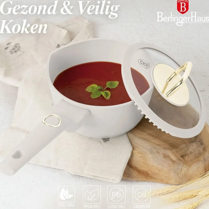 Berlinger Haus Pannenset Mat Crème 11-Delig - Kookpan ø 20, 24, 28 cm, Koekenpan ø 24, 28 cm & Steelpan ø 16 cm - Geschikt voor alle warmtebronnen