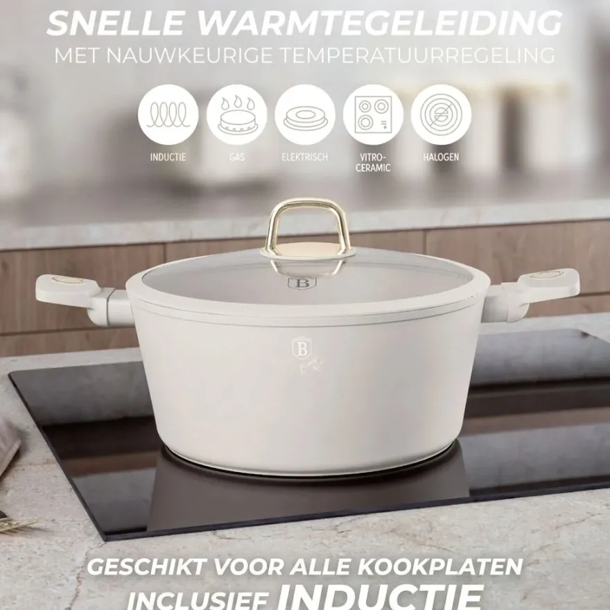Berlinger Haus Pannenset Mat Crème 11-Delig - Kookpan ø 20, 24, 28 cm, Koekenpan ø 24, 28 cm & Steelpan ø 16 cm - Geschikt voor alle warmtebronnen