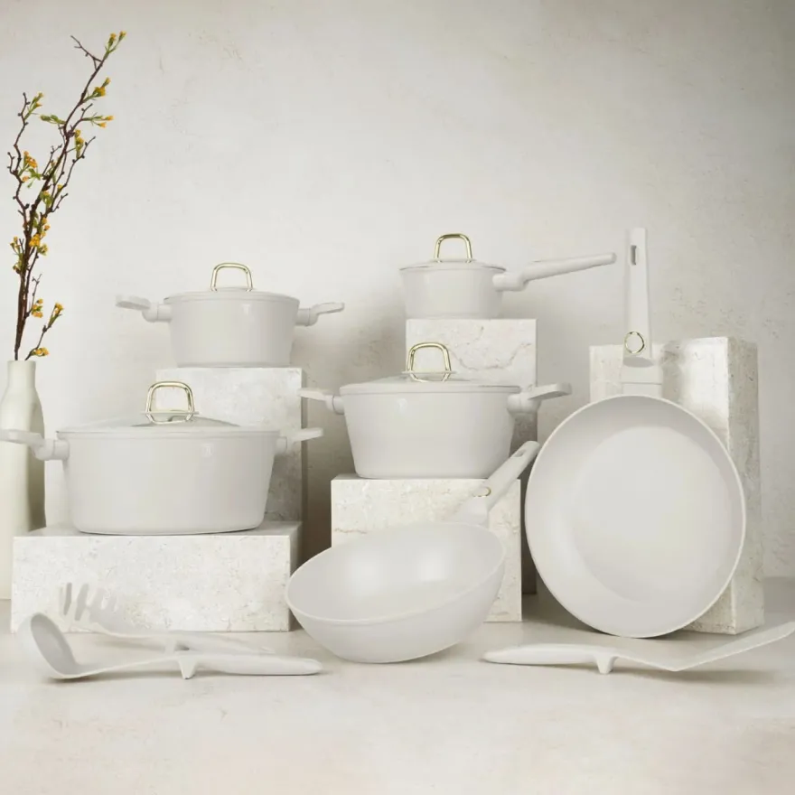 Berlinger Haus Pannenset Mat Crème 11-Delig - Kookpan ø 20, 24, 28 cm, Koekenpan ø 24, 28 cm & Steelpan ø 16 cm - Geschikt voor alle warmtebronnen