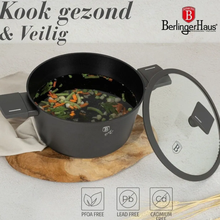 Berlinger Haus Pannenset Mat Antraciet 7-Delig - Kookpan ø 20, 24, 28 cm, Koekenpan ø 20 & 24 cm - geschikt voor alle warmtebronnen