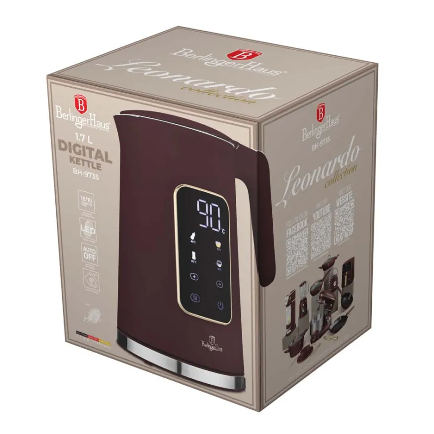 Berlinger Haus Waterkoker Digitaal Mat Bordeaux - Temperatuurinstelling - 1.7 Liter - 2200W