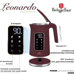 Berlinger Haus Waterkoker Digitaal Mat Bordeaux - Temperatuurinstelling - 1.7 Liter - 2200W
