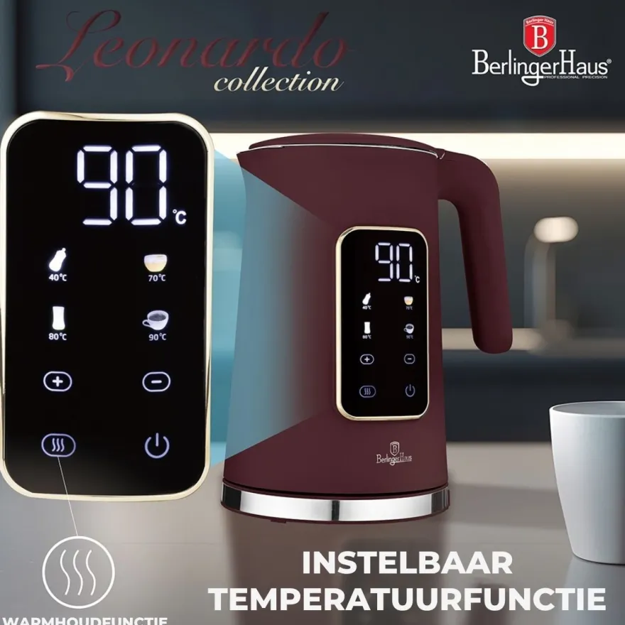 Berlinger Haus Waterkoker Digitaal Mat Bordeaux - Temperatuurinstelling - 1.7 Liter - 2200W