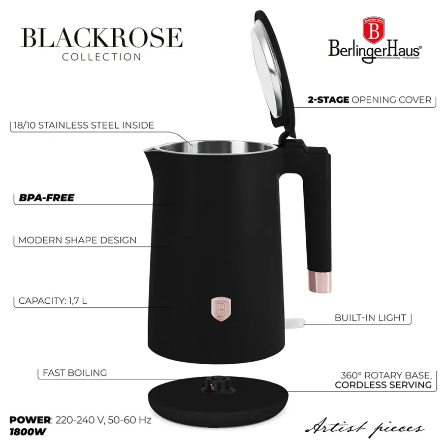 Berlinger Haus Waterkoker Dubbelwandig Zwart Rosègoud - 1.7 Liter - 1800W