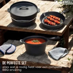Blackwell Dutch Oven BBQ Gietijzer Set 4-Delig Braadpan + Lifter, Koekenpan ø 20 cm & Steelpan 18 cm - geschikt voor alle warmtebronnen - zonder anti-aanbaklaag