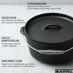 Blackwell Dutch oven / Braadpan met deksel - Gietijzer - Ćø 25 cm / 4 Liter - zonder anti-aanbaklaag