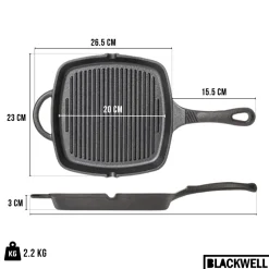 Blackwell Grillpan Gietijzer Cast Iron 23 x 23 cm - geschikt voor alle warmtebronnen - zonder anti-aanbaklaag