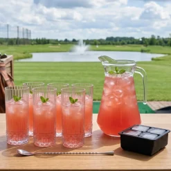 Cocktailset Dolle Mina - Karaf 1.6 L met 6 Longdrinkglazen 490 ml, Cocktaillepel & IJsblokjesvorm