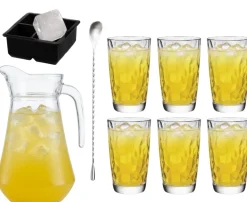 Cocktailset Gele Peter - Karaf 1.6 L met 6 Longdrinkglazen 470 ml, Cocktaillepel & IJsblokjesvorm