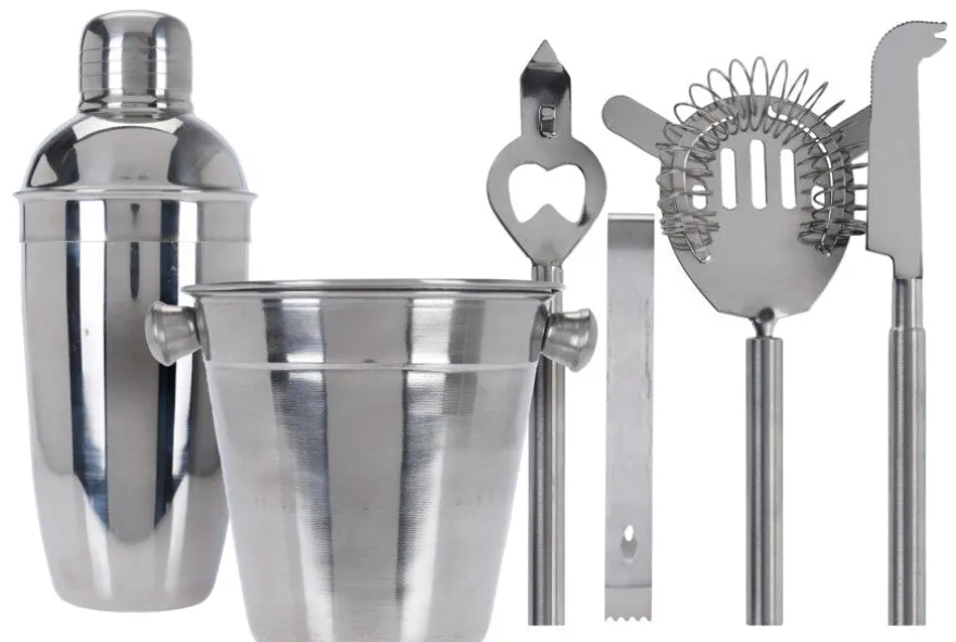 Cookinglife Barset RVS 6-Delig - Cocktailshaker, Ijsemmer, Zeef, Flesopener, Tang en Mes