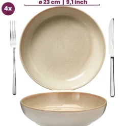 Cookinglife Diepe Borden / Pastaborden Serene Zand ø 23 cm - Aardewerk - 4 stuks