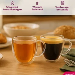 Cookinglife Dubbelwandige Koffie- / theeglazen met oor 280 ml - 2 stuks