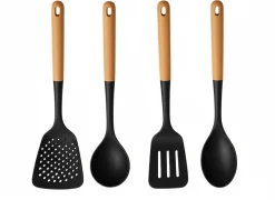 Cookinglife Keukengerei set - Kookgerei set - hout zwart 4 delig - Schuimspaan, soeplepel, bakspaan & opscheplepel