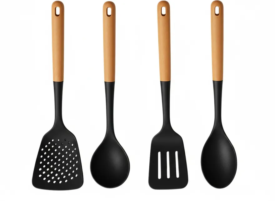 Cookinglife Keukengerei set - Kookgerei set - hout zwart 4 delig - Schuimspaan, soeplepel, bakspaan & opscheplepel