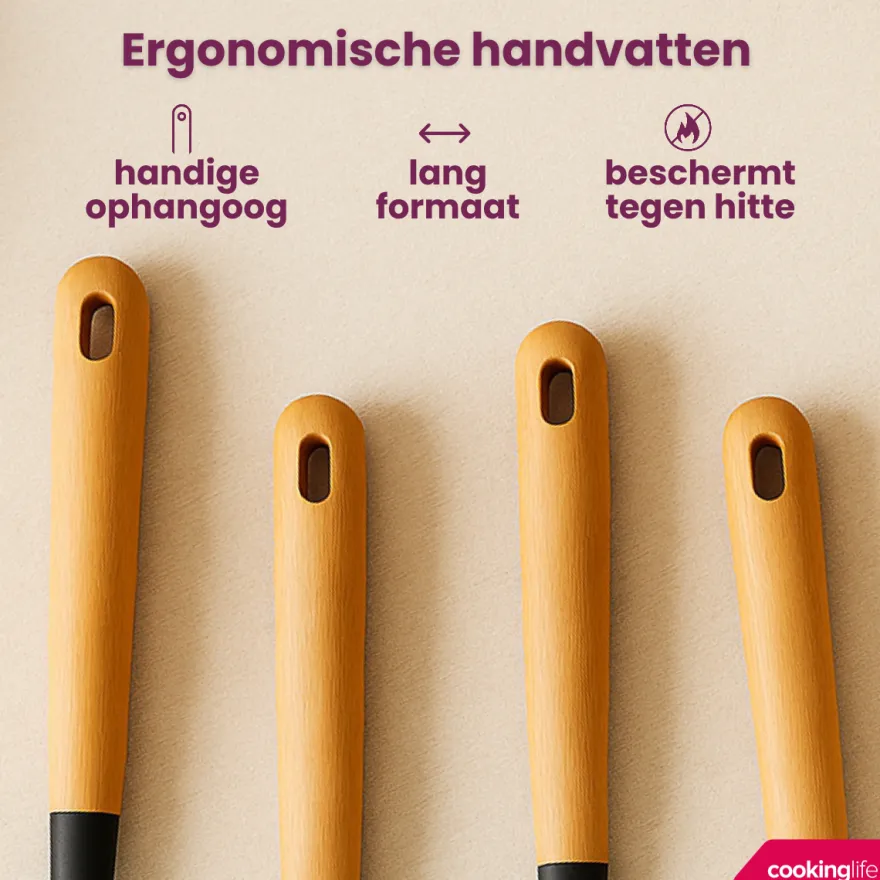 Cookinglife Keukengerei set - Kookgerei set - hout zwart 4 delig - Schuimspaan, soeplepel, bakspaan & opscheplepel