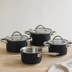 Cookinglife Pannenset Zwart 4-delig RVS - Kookpan ø 16, 18, 20 cm & Steelpan ø 16 cm - geschikt voor alle warmtebronnen