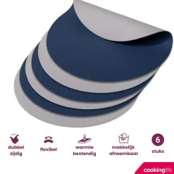 Cookinglife Placemats - Dubbelzijdig - Afwasbaar - Grijs / Blauw ø 38 cm - 6 Stuks