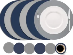 Cookinglife 6 Placemats + 6 Onderzetters - Dubbelzijdig - Rond - Afwasbaar - Blauw / Grijs