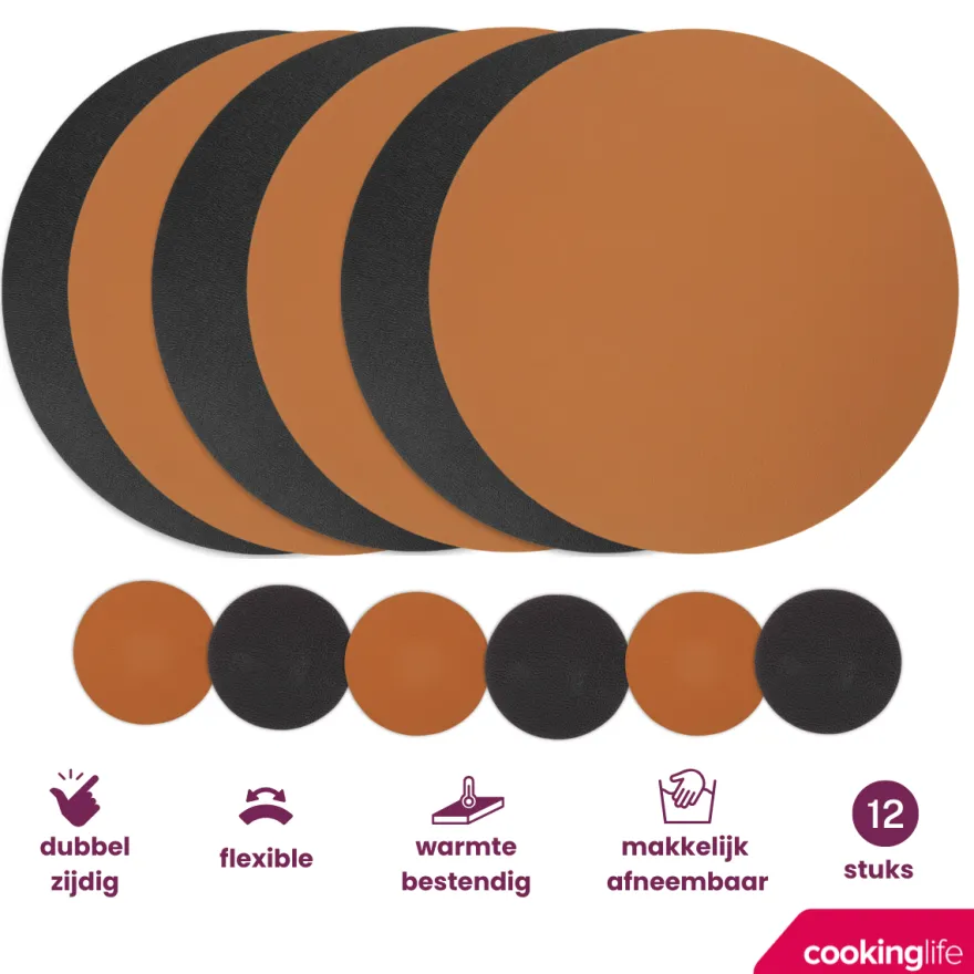 Cookinglife 6 Placemats + 6 Onderzetters - Dubbelzijdig - Rond - Afwasbaar - Zwart / Cognac