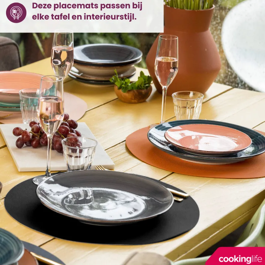 Cookinglife 6 Placemats + 6 Onderzetters - Dubbelzijdig - Rond - Afwasbaar - Zwart / Cognac