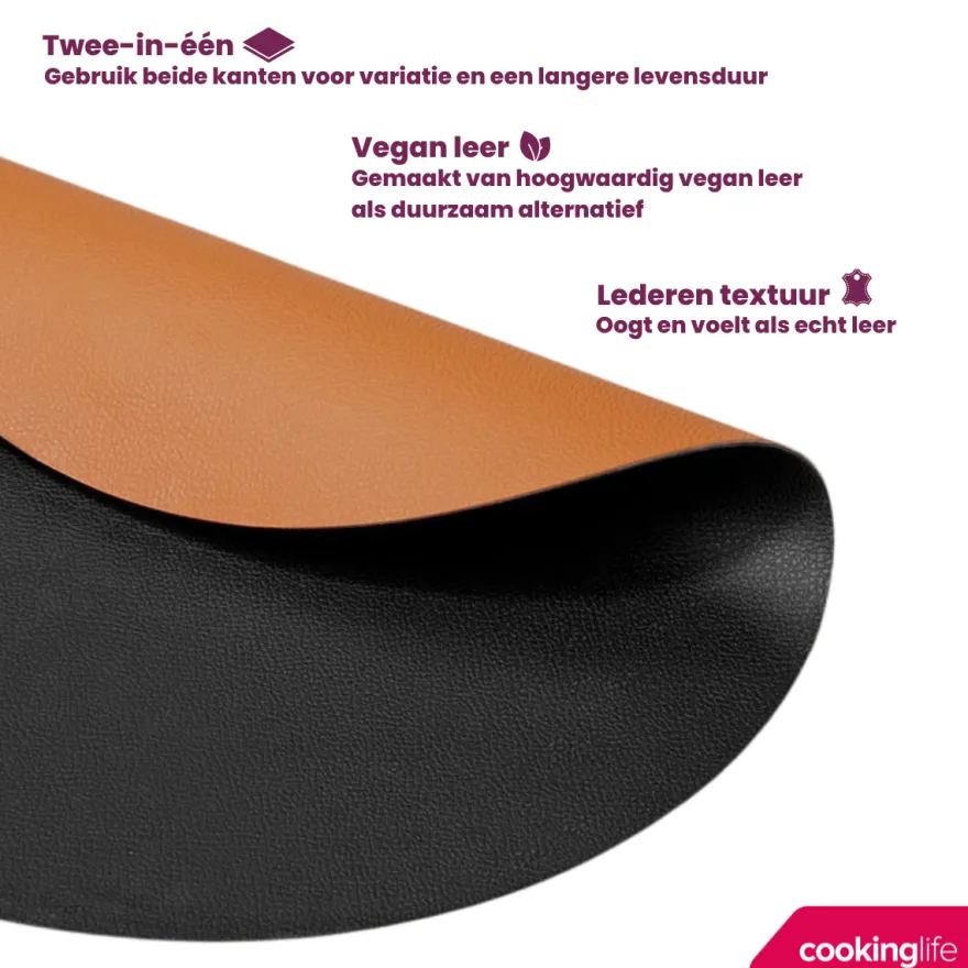Cookinglife 6 Placemats + 6 Onderzetters - Dubbelzijdig - Rond - Afwasbaar - Zwart / Cognac