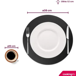 Cookinglife 6 Placemats + 6 Onderzetters - Dubbelzijdig - Rond - Afwasbaar - Zwart / Cognac