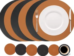 Cookinglife 6 Placemats + 6 Onderzetters - Dubbelzijdig - Rond - Afwasbaar - Zwart / Cognac