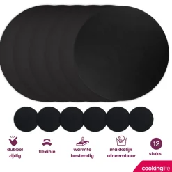 Cookinglife 6 Placemats + 6 Onderzetters - Rond - Afwasbaar - Zwart
