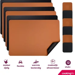Cookinglife 6 Placemats + 6 Onderzetters - Dubbelzijdig - Afwasbaar - Zwart / Cognac