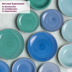 Cookinglife Serviesset Delice Blauw 18-delig / 6 personen - 6 dinerborden, 6 diepe borden en 6 ontbijtborden