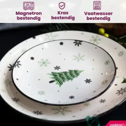 Cookinglife Serviesset - Kerstservies - Aardewerk - Groen 18-delig / 6 personen - 6 dinerborden, 6 ontbijtborden & 6 kommen