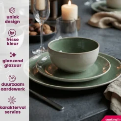 Cookinglife Serviesset Serene Green 12-delig / 4 personen - 4 dinerborden, 4 ontbijtborden en 4 kommen