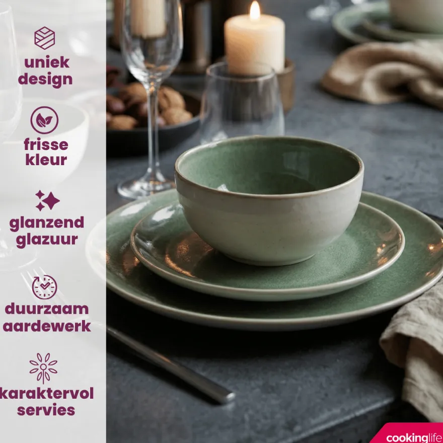 Cookinglife Serviesset Serene Green 12-delig / 4 personen - 4 dinerborden, 4 ontbijtborden en 4 kommen