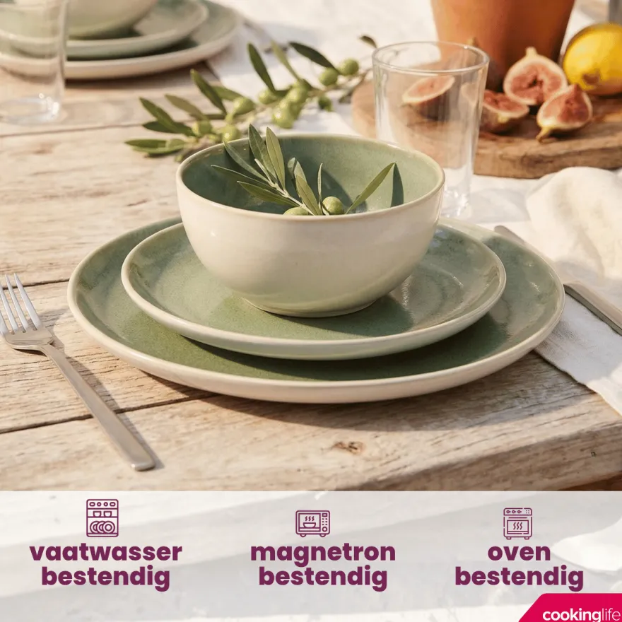 Cookinglife Serviesset Serene Green 12-delig / 4 personen - 4 dinerborden, 4 ontbijtborden en 4 kommen