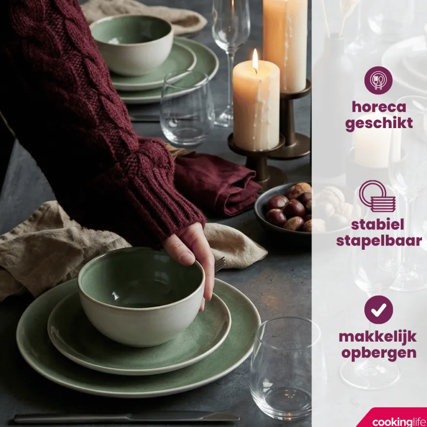 Cookinglife Serviesset Serene Green 12-delig / 4 personen - 4 dinerborden, 4 ontbijtborden en 4 kommen