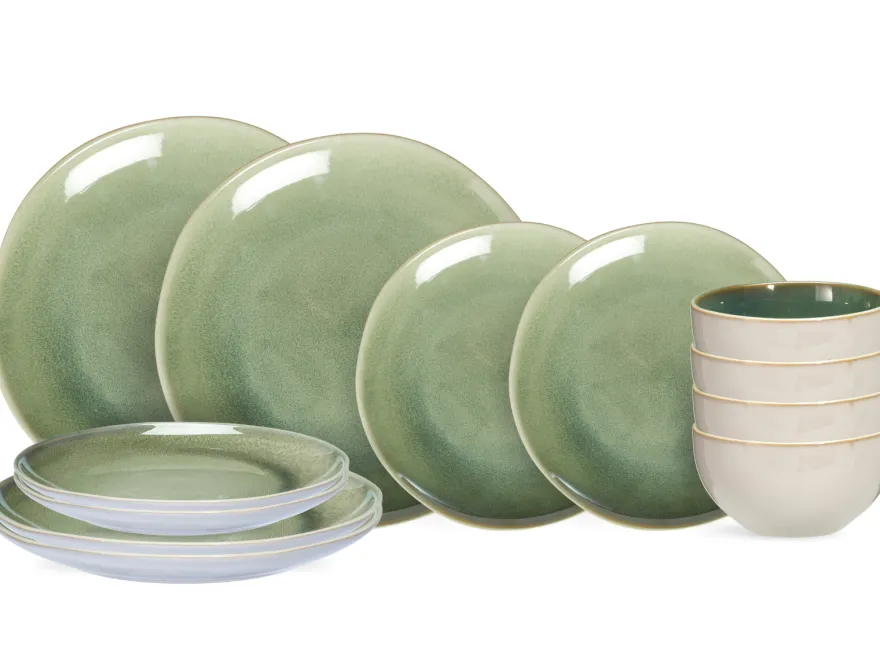 Cookinglife Serviesset Serene Green 12-delig / 4 personen - 4 dinerborden, 4 ontbijtborden en 4 kommen