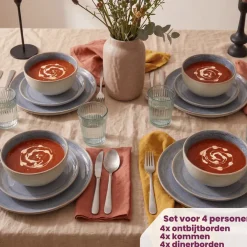 Cookinglife Serviesset Serene Blue 12-delig / 4 personen - 4 dinerborden, 4 ontbijtborden en 4 kommen