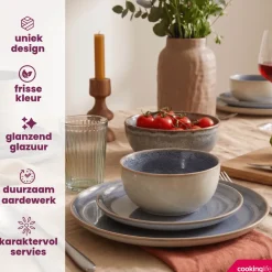 Cookinglife Serviesset Serene Blue 12-delig / 4 personen - 4 dinerborden, 4 ontbijtborden en 4 kommen