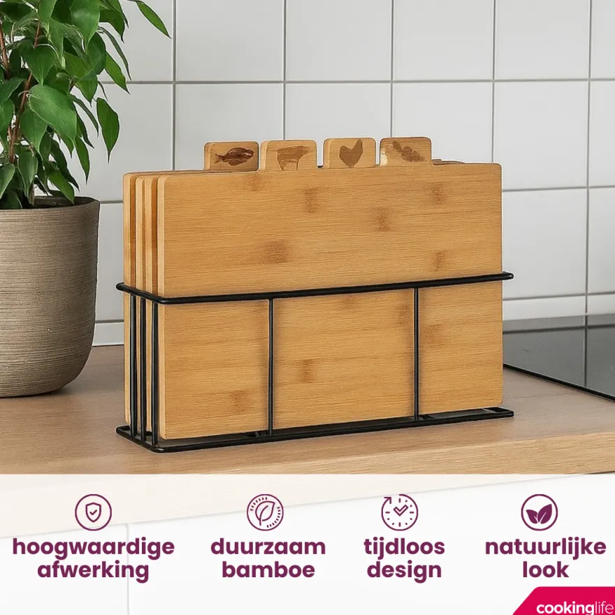 Cookinglife Snijplankenset Bamboe met houder 5-delig