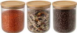 Cookinglife Voorraadpotten set Lines - Glas met Bamboe Deksel - ΓΈ 11 cm - 980 ml - 3 stuks