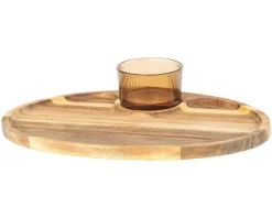 Cosy & Trendy Borrelplank met Glazen Schaaltje Soluna 2-delig - Acaciahout - 35 x 25 cm